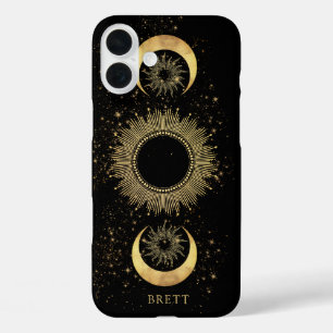 Coque Pour iPhone 16 Plus Soleil céleste personnalisé étoiles Lune Noir Or