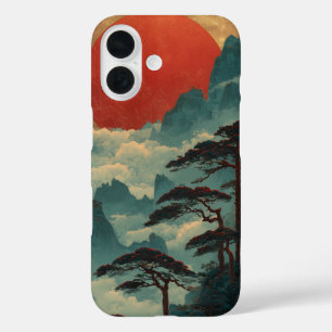Coque Pour iPhone 16 Soleil cramoisi majestueux et montagnes sarcelle b
