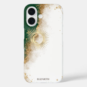 Coque Pour iPhone 16 Soleil Or Céleste Et Étoiles Lune Vert