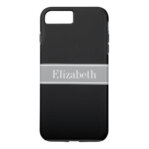 Coque iPhone 7 Plus Solid Black, Dark Gray Ribbon Nom Monogram