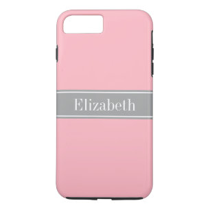 Coque iPhone 8 Plus/7 Plus Solid Pink, Dark Gray Ribbon Nom Monogram