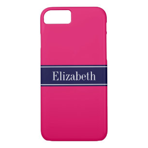 Coque Case-Mate Pour iPhone Solid Raspberry, Navy Blue Ribbon Nom monogram