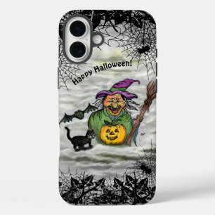 Coque Pour iPhone 16 Plus Sorcière, Chat, Chauve-souris et Citrouille, Bonne