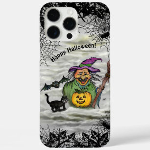 Coque iPhone 16 Pro Max Sorcière, Chat, Chauve-souris et Citrouille, Joyeu