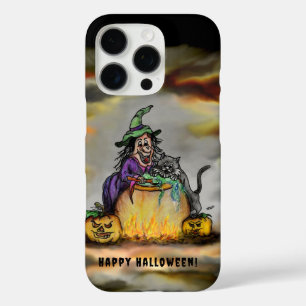 Coque iPhone 16 Pro Sorcière et chat noir, Happy Halloween !