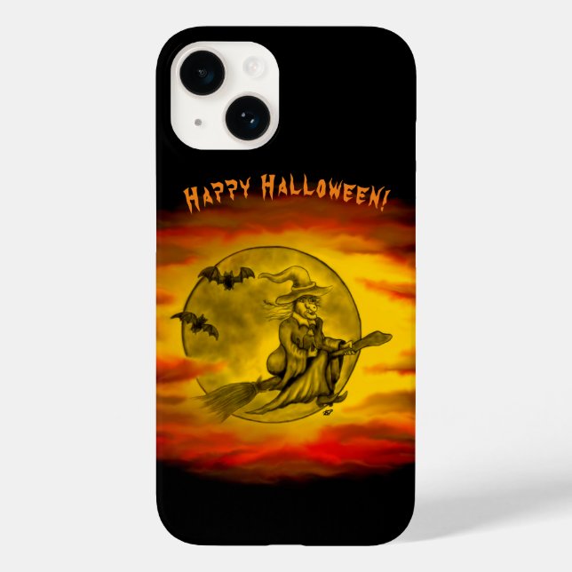 Coques Case-Mate iPhone Sorcière volante avec chat noir, nuit halloween (Verso)