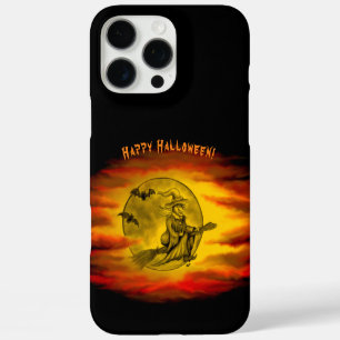 Coque iPhone 16 Pro Max Sorcière volante avec chat noir, nuit halloween