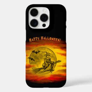 Coque iPhone 16 Pro Sorcière volante avec chat noir, nuit halloween