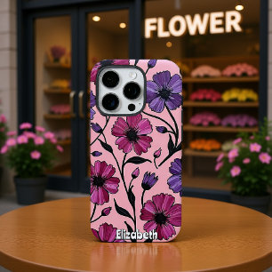 Coque iPhone 16 Pro Soulagement floral rose et pourpre Abstrait