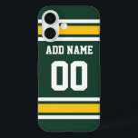 Coque Pour iPhone 16 Sports Team Football Jersey Green Nom Numéro<br><div class="desc">Ajoutez votre nom et votre numéro favoris — Ce design de sports d'olive et d'or est parfait pour tout amateur professionnel,  universitaire ou lycéen. Vous pouvez même les réclamer pour votre équipe de football d'Imaginaire. Cliquez sur le bouton PERSONNALISER pour apporter d'autres modifications.</div>