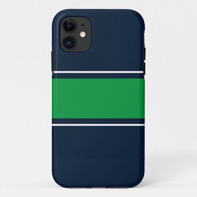 Coques Case-Mate iPhone Sporty Green White Racing Stripes Sur Navy Blue (Dos)