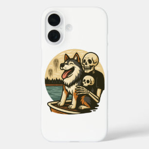 Coque Pour iPhone 16 Squelette avec chien sur un lac hanté d'art d'horr