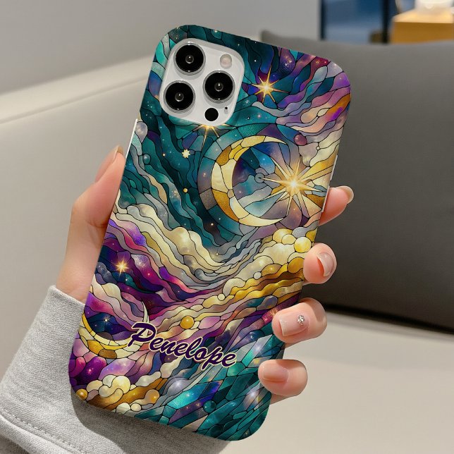 Coques Case-Mate iPhone Stained glass blue green moon (Créateur téléchargé)