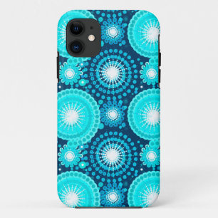 Coque iPhone 11 Starbursts et pinwheel, marine et turquoise