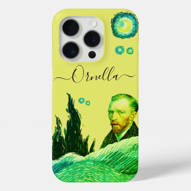 Coques Case-Mate iPhone STARS elegant face VanGogh text editable yellow (Verso)