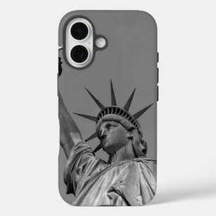 Coques iPhone 16 Statue noire et blanche de Liberty New York