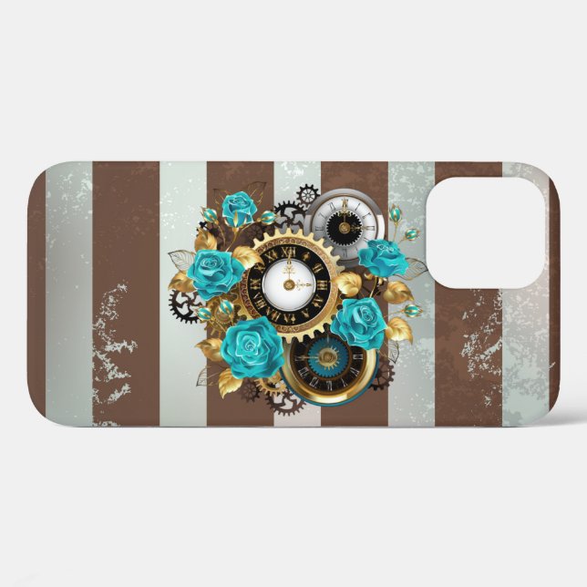 Coques Case-Mate iPhone Steampunk Clock and Turquoise Roses on Striped (Verso (horizontal))