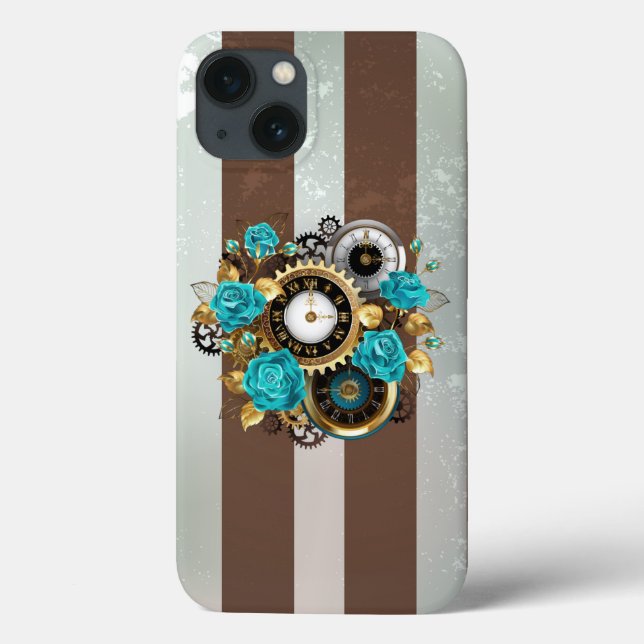 Coques Case-Mate iPhone Steampunk Clock and Turquoise Roses on Striped (Verso)