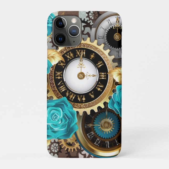 Coques Case-Mate iPhone Steampunk Clock and Turquoise Roses on Striped (Dos)