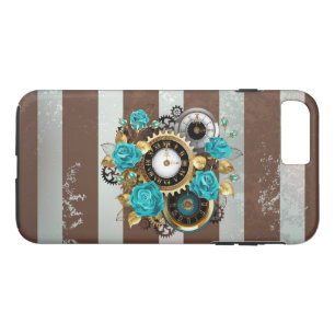 Case-Mate iPhone Case Steampunk Clock and Turquoise Roses on Striped