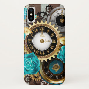 Case-Mate iPhone Case Steampunk Clock and Turquoise Roses on Striped