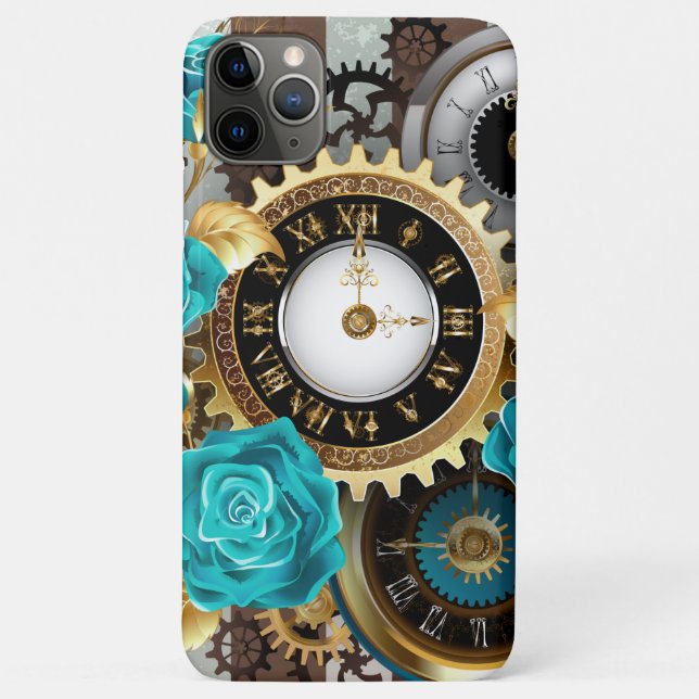 Coques Case-Mate iPhone Steampunk Clock and Turquoise Roses on Striped (Dos)