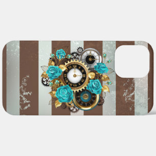 Case-Mate iPhone Case Steampunk Clock and Turquoise Roses on Striped