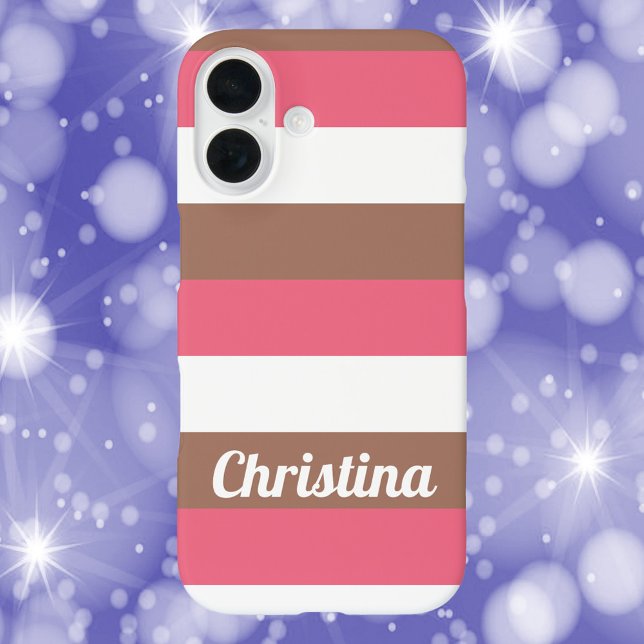 Coques Case-Mate iPhone Stripes Motif Mocha Rose Blanc Personnaliser (A mocha brown, pink and white stripe phone case with text you can personalize.)