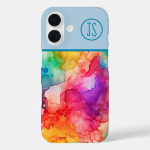 Coque Pour iPhone 16 Style Abstrait d'encre d'alcool Rainbow Monogramme