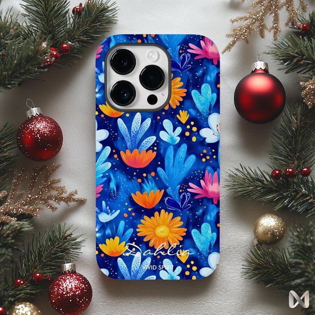 Coques Case-Mate iPhone Style Bien-Être Vibrant Floral Bold Blues & Orange (Créateur téléchargé)
