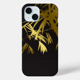 Coque Pour iPhone 15 Stylish d Golden Bamboo Feuille Zen on Black Moder