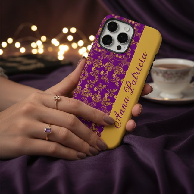 Coques Case-Mate iPhone Stylish Golden Damask tourbillon floral sur violet (Créateur téléchargé)