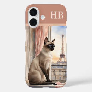 Coque Pour iPhone 16 Stylish Siamese Chat Monogramme Personnalisé