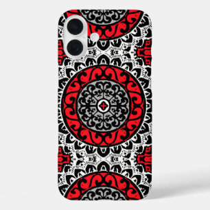 Coques iPhone 16 Plus Sud-Ouest Sun Mandala Batik, Rouge, Noir et Blanc