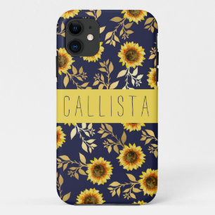 Case-Mate iPhone Case Sunny Yellow Gold Navy Feuilles de tournesols Mono