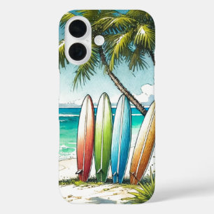 Coque Pour iPhone 16 Surfboards on the Beach Watercolor and Ink