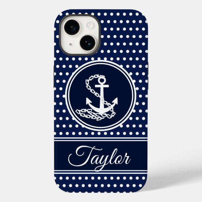 Coques Case-Mate iPhone Symbole Ancre Maritime Bleu Et Blanc Nom Personnal (Verso)