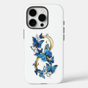 Coque iPhone 16 Pro Symbole infini de papillons Morpho bleus