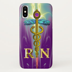 COQUE iPhone X SYMBOLE INSCRIT CADUCÉE D'INFIRMIÈRE OR BLEU VIOLE