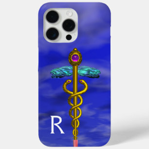 Coque Case-Mate iPhone SYMBOLE MÉDICAL CADUCÉE OR Cadre Bleu Ciel Monogra