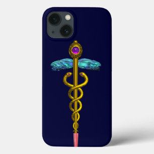 Etui iPhone Case-Mate SYMBOLE MÉDICALE D'OR CADUCUS, Bleu