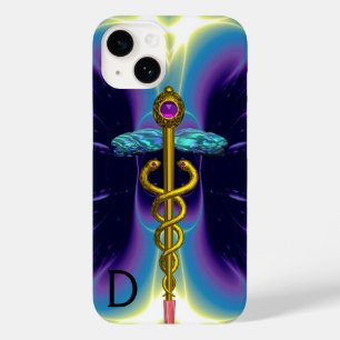 Coque Case-Mate iPhone SYMBOLE MÉDICALE D'OR CADUCUS, Monogramme bleu vio