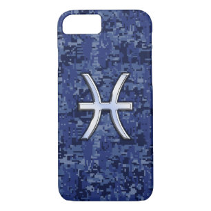 Coque iPhone 7 Symbole zodiaque Pisces Camouflage numérique bleu