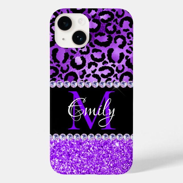 Coques Case-Mate iPhone Taches de léopard noir et violet Glam Monogramme (Verso)