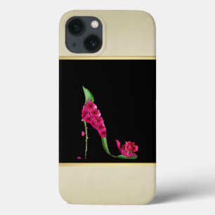 Etui iPhone 13 Talons Fleur Élégants Modernes Féminins, Noir, Crè
