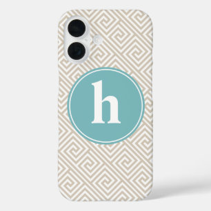 Coque Pour iPhone 16 Tan & Aqua Motif clé grecque Monogramme