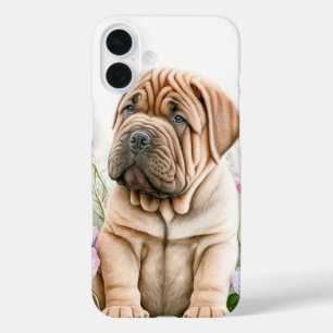 COQUE POUR iPhone 16 PLUS TAN SHAR PEI POPPY CHIEN EN FLEUR SAUVAGE