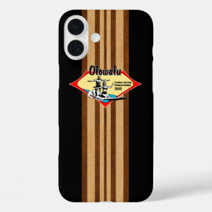 Coque Pour iPhone 16 Plus Tandem Surf Hawaiian Faux Wood Black Surfboard