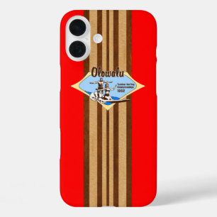 Coque Pour iPhone 16 Plus Tandem Surf Hawaiian Faux Wood Surfboard - Rouge