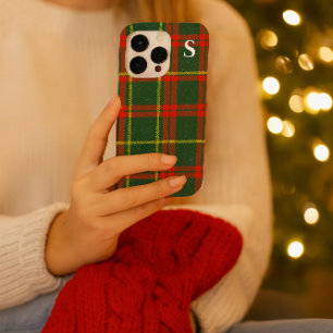 Coque iPhone 16 Pro Tartan à carreaux rouge et vert avec monogramme